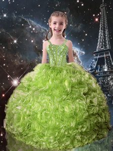 Olive Green Organza Lace Up Little Girls Pageant Dress Wholesale Sleeveless Floor Length Beading and Ruffles