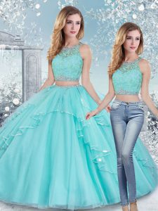 Aqua Blue Sleeveless Beading and Lace and Sashes ribbons Floor Length Sweet 16 Quinceanera Dress