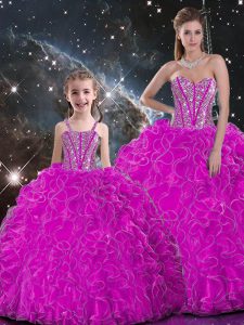 Exceptional Fuchsia Lace Up Sweetheart Beading and Ruffles Quinceanera Dresses Organza Sleeveless