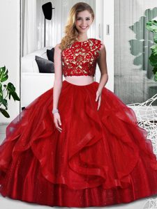High End Scoop Sleeveless Quinceanera Gowns Floor Length Lace and Ruffles Wine Red Tulle