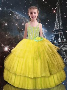 Modern Floor Length Ball Gowns Sleeveless Light Yellow Teens Party Dress Lace Up