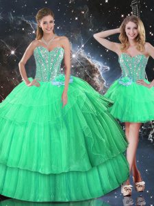 Pretty Apple Green Organza Lace Up Sweetheart Sleeveless Floor Length Vestidos de Quinceanera Ruffled Layers and Sequins