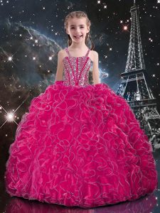 Floor Length Lace Up Party Dress Wholesale Fuchsia for Quinceanera and Wedding Party with Beading and Ruffles