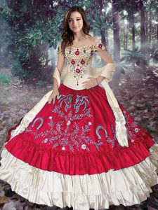 Trendy Red Sleeveless Embroidery and Ruffled Layers Floor Length Quinceanera Gown