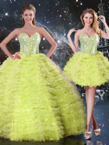 Charming Yellow Green Sleeveless Floor Length Beading and Ruffles Lace Up Quinceanera Gown