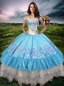 Excellent Floor Length Lace Up Sweet 16 Dress Baby Blue for Military Ball and Sweet 16 and Quinceanera with Beading and Embroidery and Ruffled Layers