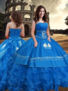 Graceful Blue Zipper Strapless Embroidery and Ruffled Layers Quinceanera Gowns Taffeta Sleeveless