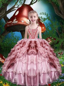 Sleeveless Organza Floor Length Lace Up Little Girl Pageant Dress in Baby Pink with Beading and Ruffles and Ruffled Layers
