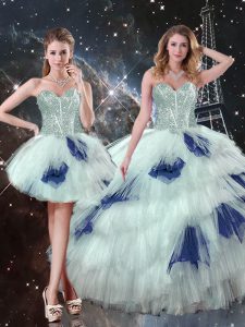 Dazzling Blue And White Sweet 16 Quinceanera Dress Military Ball and Sweet 16 and Quinceanera with Beading and Ruffled Layers and Sequins Sweetheart Sleeveless Lace Up