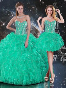 New Style Turquoise Sweet 16 Quinceanera Dress Military Ball and Sweet 16 and Quinceanera with Beading and Ruffles Sweetheart Sleeveless Lace Up