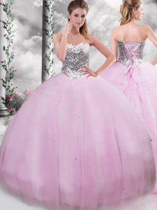 Artistic Lilac Sleeveless Tulle Brush Train Lace Up Quinceanera Gown for Military Ball and Sweet 16 and Quinceanera