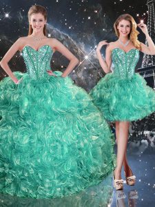Sleeveless Floor Length Beading and Ruffles Lace Up Vestidos de Quinceanera with Turquoise
