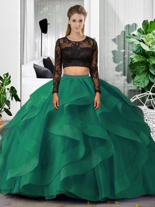 Pretty Dark Green Scoop Neckline Lace and Ruffles Quinceanera Dress Long Sleeves Backless