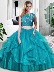 Scoop Sleeveless Tulle Quinceanera Gowns Lace and Embroidery and Ruffles Zipper