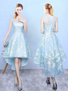 Aqua Blue A-line Square Sleeveless Organza High Low Zipper Embroidery Quinceanera Dama Dress