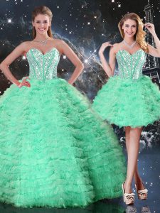 Traditional Apple Green Lace Up 15 Quinceanera Dress Beading and Ruffled Layers Sleeveless Floor Length