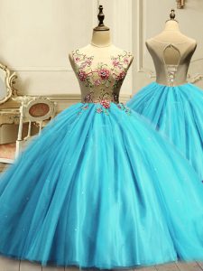 Low Price Sleeveless Tulle Floor Length Lace Up Quinceanera Gown in Aqua Blue with Appliques and Sequins