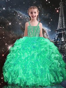 Dazzling Apple Green Ball Gowns Spaghetti Straps Sleeveless Organza Floor Length Lace Up Beading and Ruffles Girls Pageant Dresses