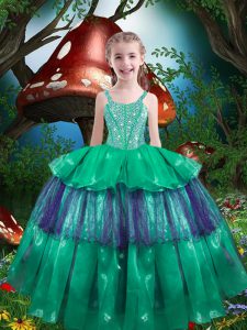 Trendy Green Ball Gowns Straps Sleeveless Organza Floor Length Lace Up Beading and Ruffled Layers Kids Formal Wear