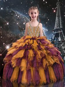 Orange Straps Lace Up Beading and Ruffles Little Girl Pageant Gowns Sleeveless