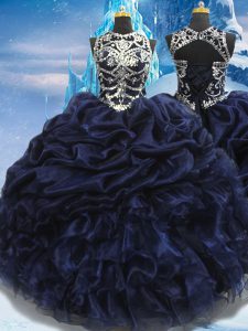 Taffeta High-neck Sleeveless Lace Up Appliques and Ruffles and Pick Ups Sweet 16 Dresses in Navy Blue