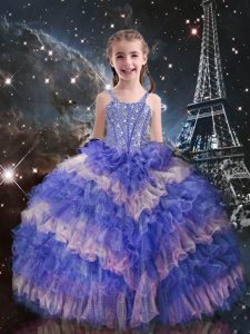 Wonderful Lilac Lace Up Straps Beading and Ruffled Layers Kids Pageant Dress Organza Sleeveless