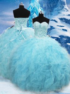 Aqua Blue Ball Gowns Beading and Pick Ups Sweet 16 Dresses Lace Up Tulle Sleeveless Floor Length