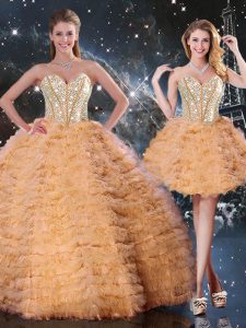 Ideal Orange Organza Lace Up Quinceanera Gowns Sleeveless Floor Length Beading and Ruffled Layers