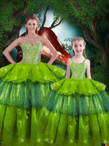 Olive Green Sleeveless Organza Lace Up Ball Gown Prom Dress for Military Ball and Sweet 16 and Quinceanera