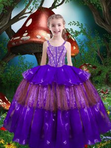 Custom Designed Sleeveless Organza Floor Length Lace Up Kids Pageant Dress in Purple with Beading and Ruffled Layers