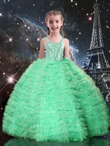 Wonderful Floor Length Lace Up Pageant Gowns For Girls Apple Green for Quinceanera and Wedding Party with Beading and Ruffled Layers