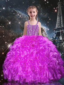 Fashion Fuchsia Sleeveless Floor Length Beading and Ruffles Lace Up Little Girls Pageant Dress Wholesale