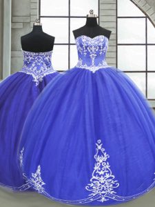 Blue Ball Gowns Sweetheart Sleeveless Tulle Floor Length Lace Up Appliques Sweet 16 Dresses