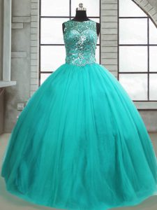 Custom Designed Turquoise Ball Gowns Tulle Scoop Sleeveless Beading Floor Length Lace Up Sweet 16 Dress