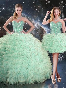 Apple Green Organza Lace Up Ball Gown Prom Dress Sleeveless Floor Length Beading and Ruffles