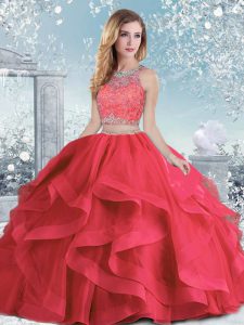 Coral Red Ball Gowns Beading and Ruffles Sweet 16 Dresses Clasp Handle Organza Sleeveless Floor Length