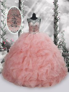 Baby Pink Sleeveless Organza Lace Up Sweet 16 Quinceanera Dress for Military Ball and Sweet 16 and Quinceanera