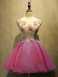 Sleeveless Mini Length Embroidery Lace Up Prom Evening Gown with Hot Pink