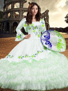 Embroidery and Ruffled Layers Quinceanera Dresses White Lace Up Long Sleeves Floor Length