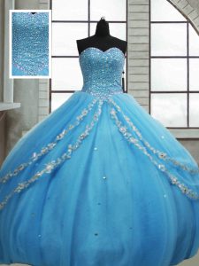 Ball Gowns 15 Quinceanera Dress Baby Blue Sweetheart Tulle Sleeveless Floor Length Lace Up