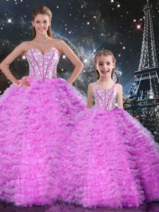 Popular Fuchsia Tulle Lace Up Sweetheart Sleeveless Floor Length Sweet 16 Quinceanera Dress Beading and Ruffles