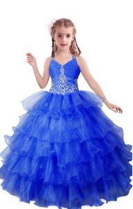 Inexpensive Blue Zipper V-neck Beading and Ruffled Layers Little Girls Pageant Dress Organza Sleeveless