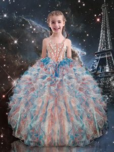 Multi-color Organza Lace Up Straps Sleeveless Floor Length Kids Formal Wear Beading and Ruffles
