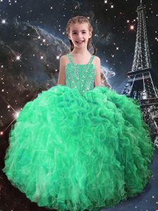 Fancy Apple Green Organza Lace Up Little Girls Pageant Dress Sleeveless Floor Length Beading and Ruffles
