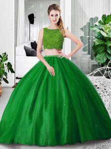 Artistic Floor Length Green Ball Gown Prom Dress Tulle Sleeveless Lace and Ruching