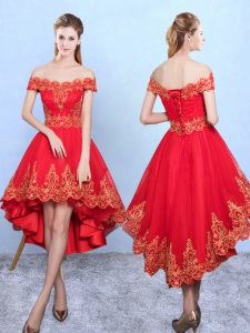 Decent A-line Quinceanera Court of Honor Dress Wine Red Off The Shoulder Tulle Sleeveless High Low Lace Up