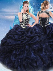 Adorable Navy Blue Ball Gowns Taffeta High-neck Sleeveless Appliques and Ruffles and Pick Ups Floor Length Lace Up 15 Quinceanera Dress