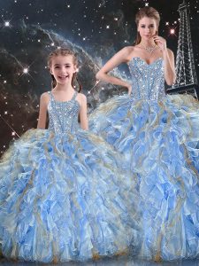 Top Selling Floor Length Lace Up 15 Quinceanera Dress Light Blue for Military Ball and Sweet 16 and Quinceanera with Beading and Ruffles