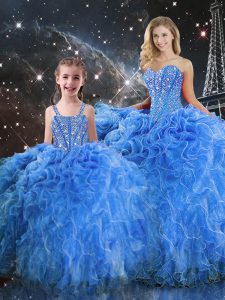 Low Price Floor Length Lace Up Sweet 16 Quinceanera Dress Baby Blue for Military Ball and Sweet 16 and Quinceanera with Beading and Ruffles
