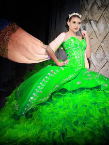 Fantastic Green Sleeveless With Train Embroidery and Ruffles Lace Up Quinceanera Gowns